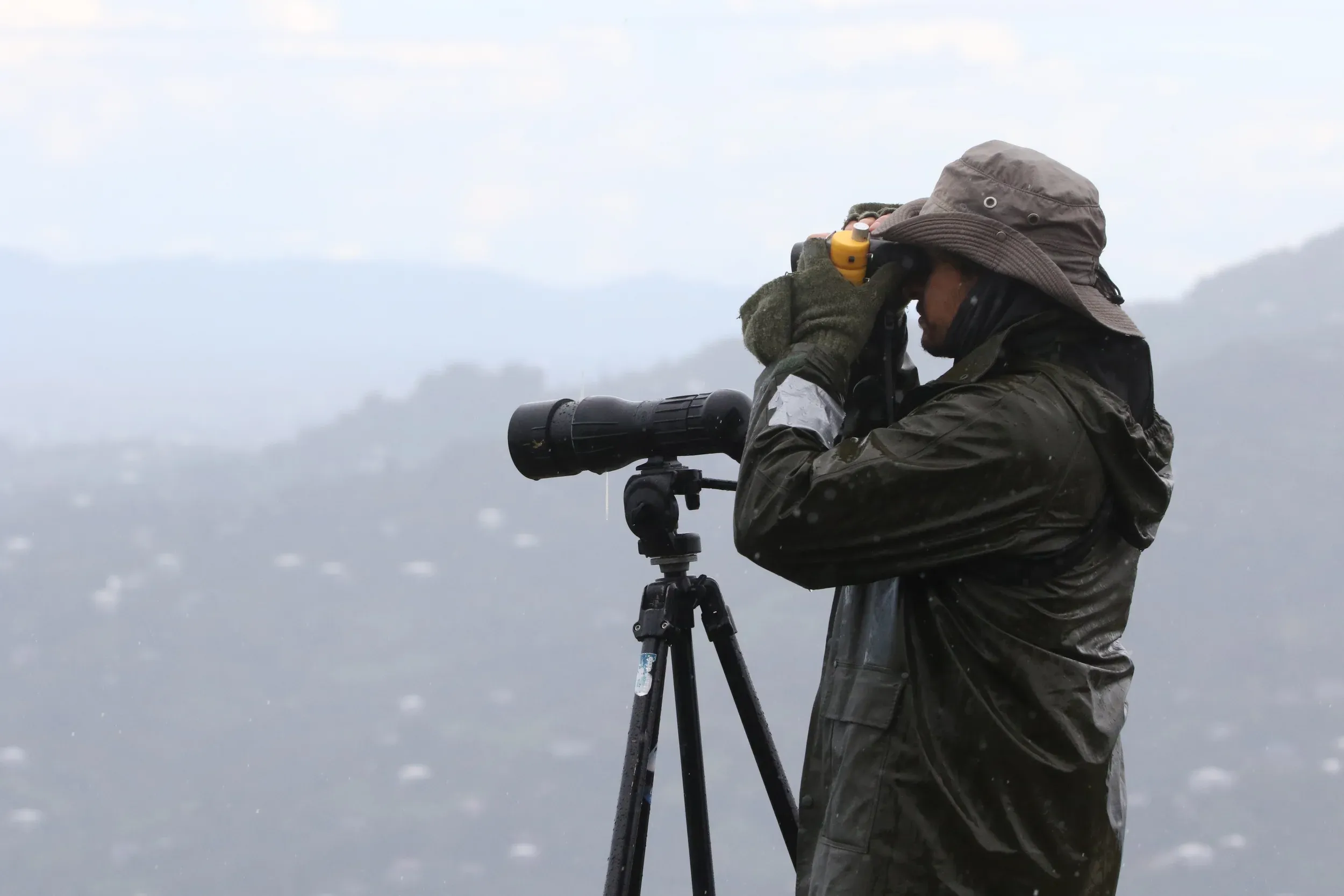 Redha scanning through binoculars beside a spotting scope, with misty hills behind him.