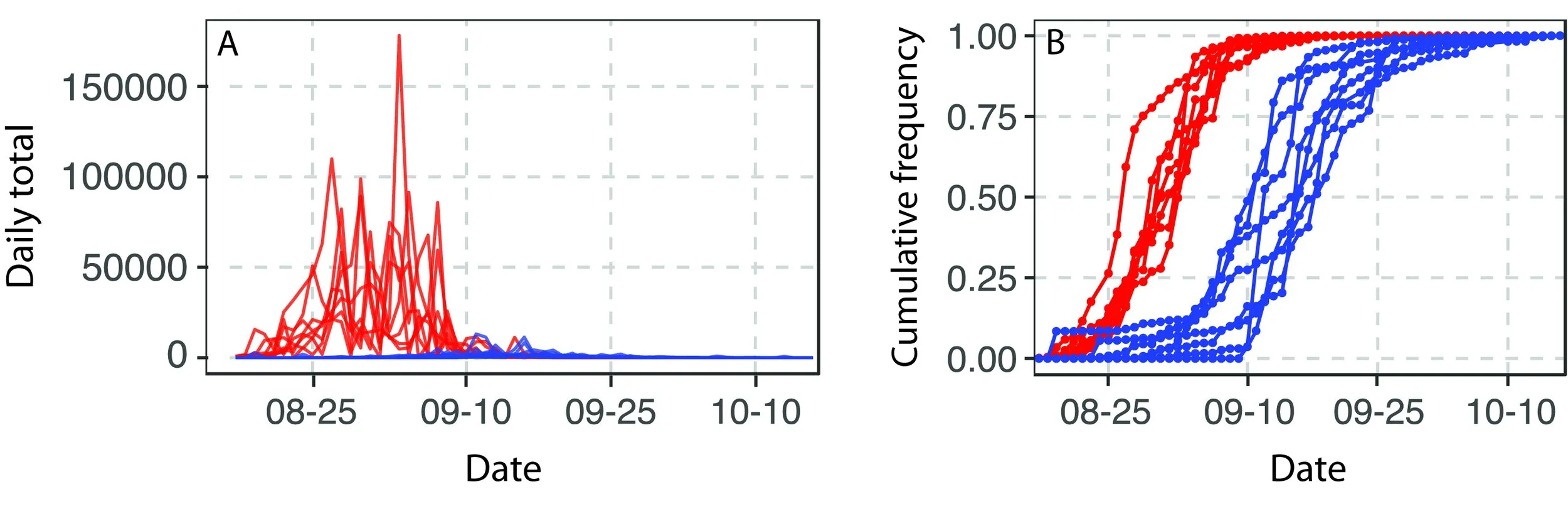 Figure 1: Honey Buzzard daily abundance and relative timing of passage based on 2011-2018 counts, red lines representing adult and blue juvenile birds